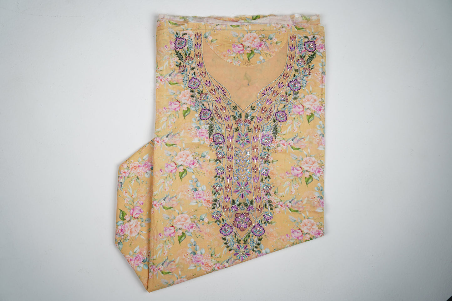 Bel Soleil d’Or | Golden Floral Fabric with Violet Embroidery and Crystal Accents