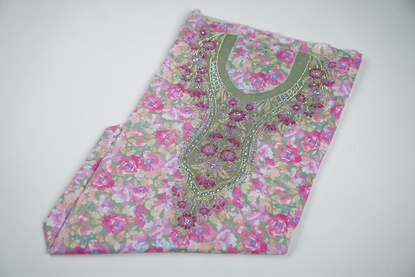 Mint Green Floral Embroidered Fabric