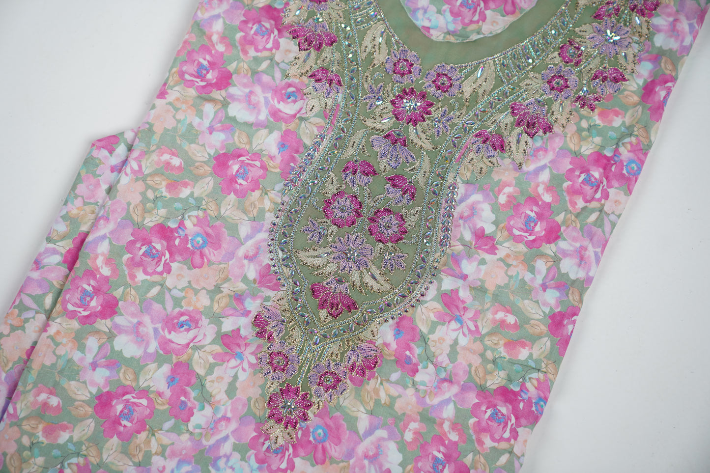 Mint Green Floral Embroidered Fabric