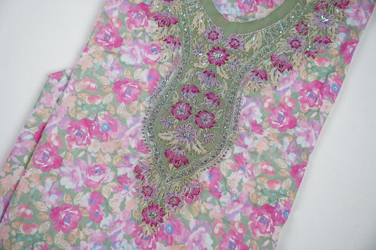 Mint Green Floral Embroidered Fabric