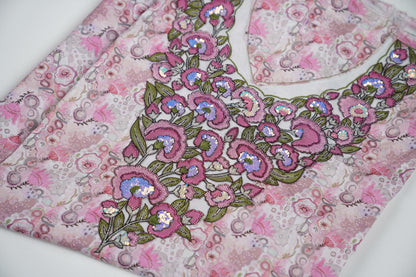 Bel Fleur d’Aurore | Pink Floral Fabric with Dawn-Inspired Embroidery
