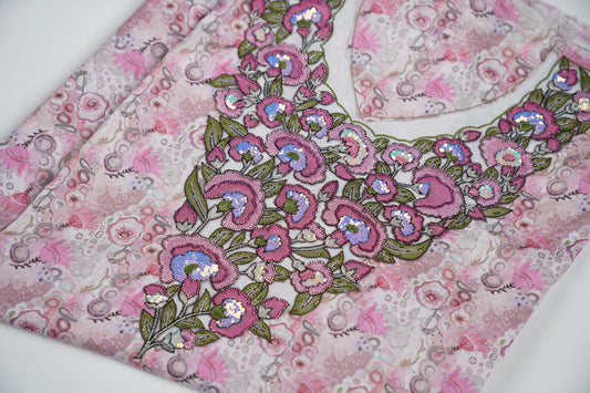 Bel Fleur d’Aurore | Pink Floral Fabric with Dawn-Inspired Embroidery