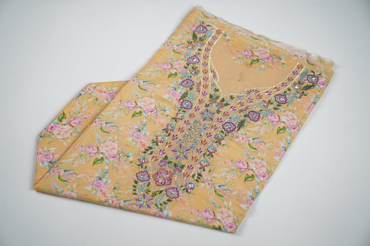 Bel Soleil d’Or | Golden Floral Fabric with Violet Embroidery and Crystal Accents