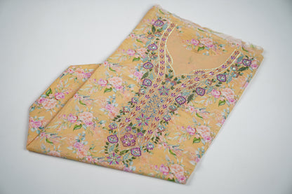 Bel Soleil d’Or | Golden Floral Fabric with Violet Embroidery and Crystal Accents