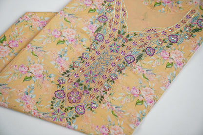Bel Soleil d’Or | Golden Floral Fabric with Violet Embroidery and Crystal Accents